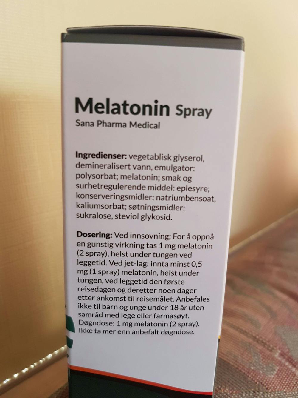 Ingredienslisten til Melatonin, spray, Sana pharma medical