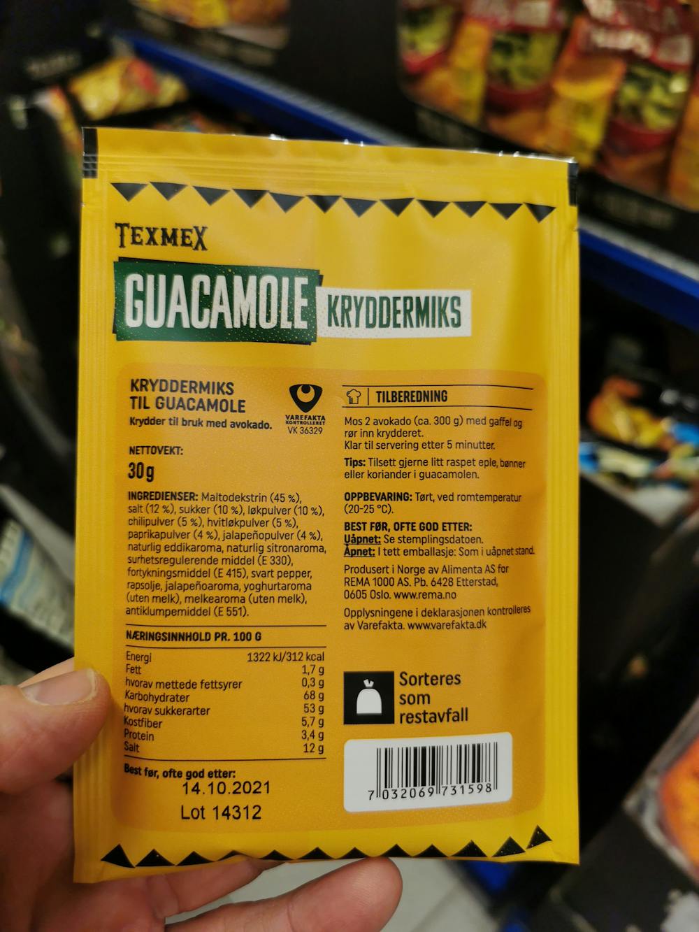 Ingredienslisten til Texmex guacamole kryddermiks, Rema 1000