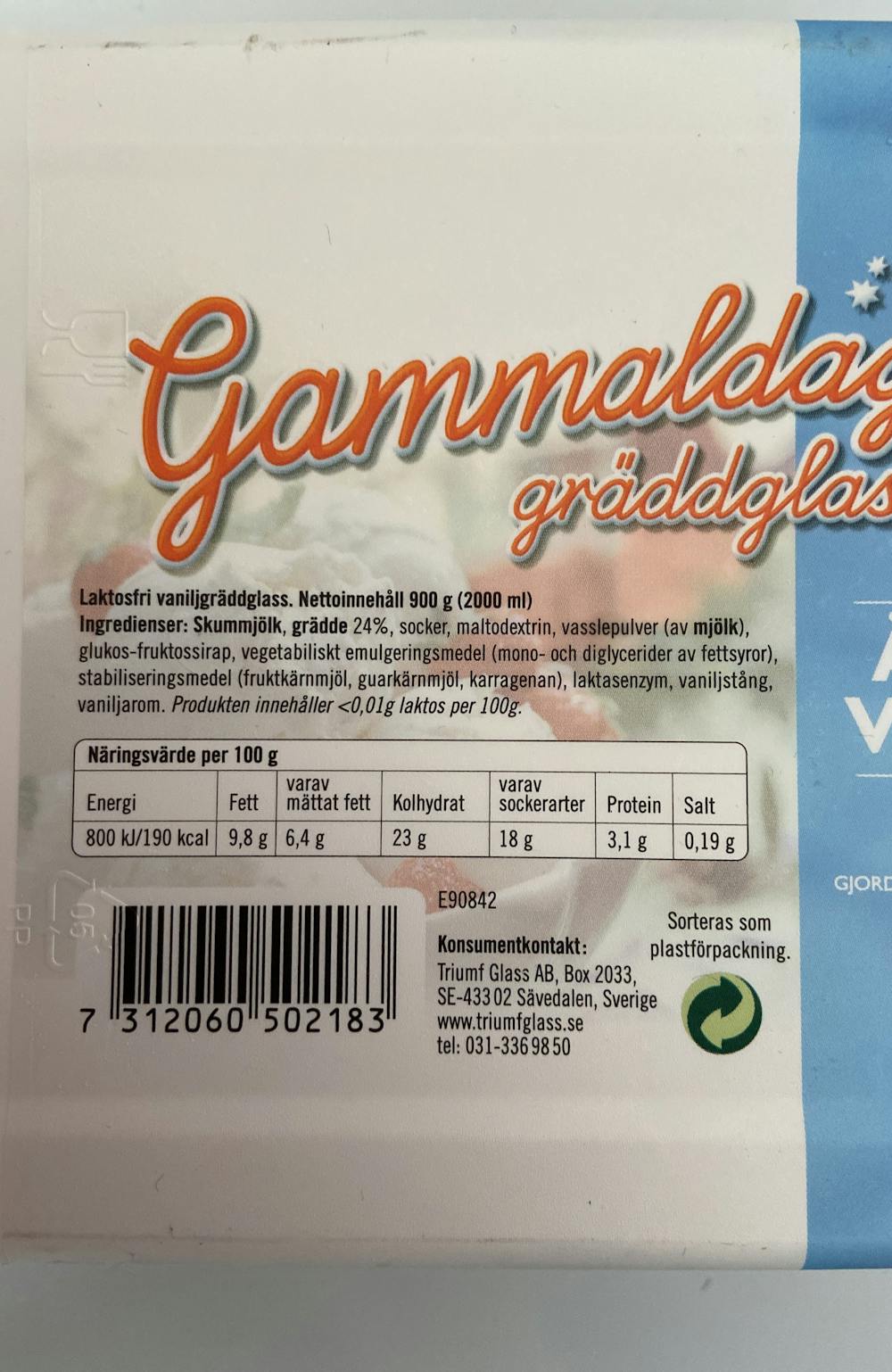 Ingrediensliste - Gammaldags gräddglass laktosfri äkta vanilj, Triumf Glass