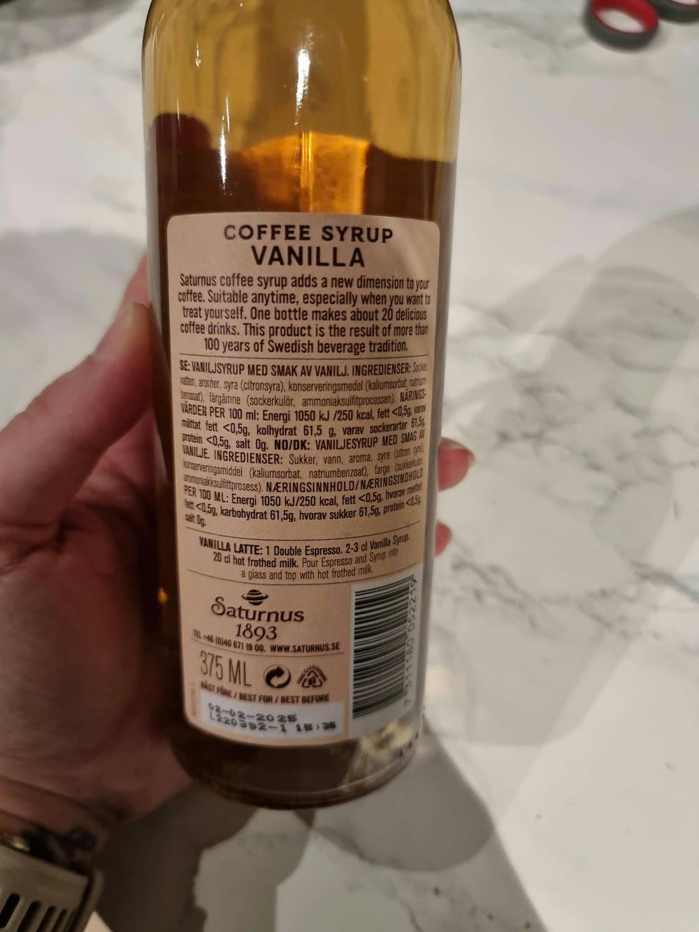 Ingrediensliste - Kaffe sirup vanilje, Skånskt Dryckebolag