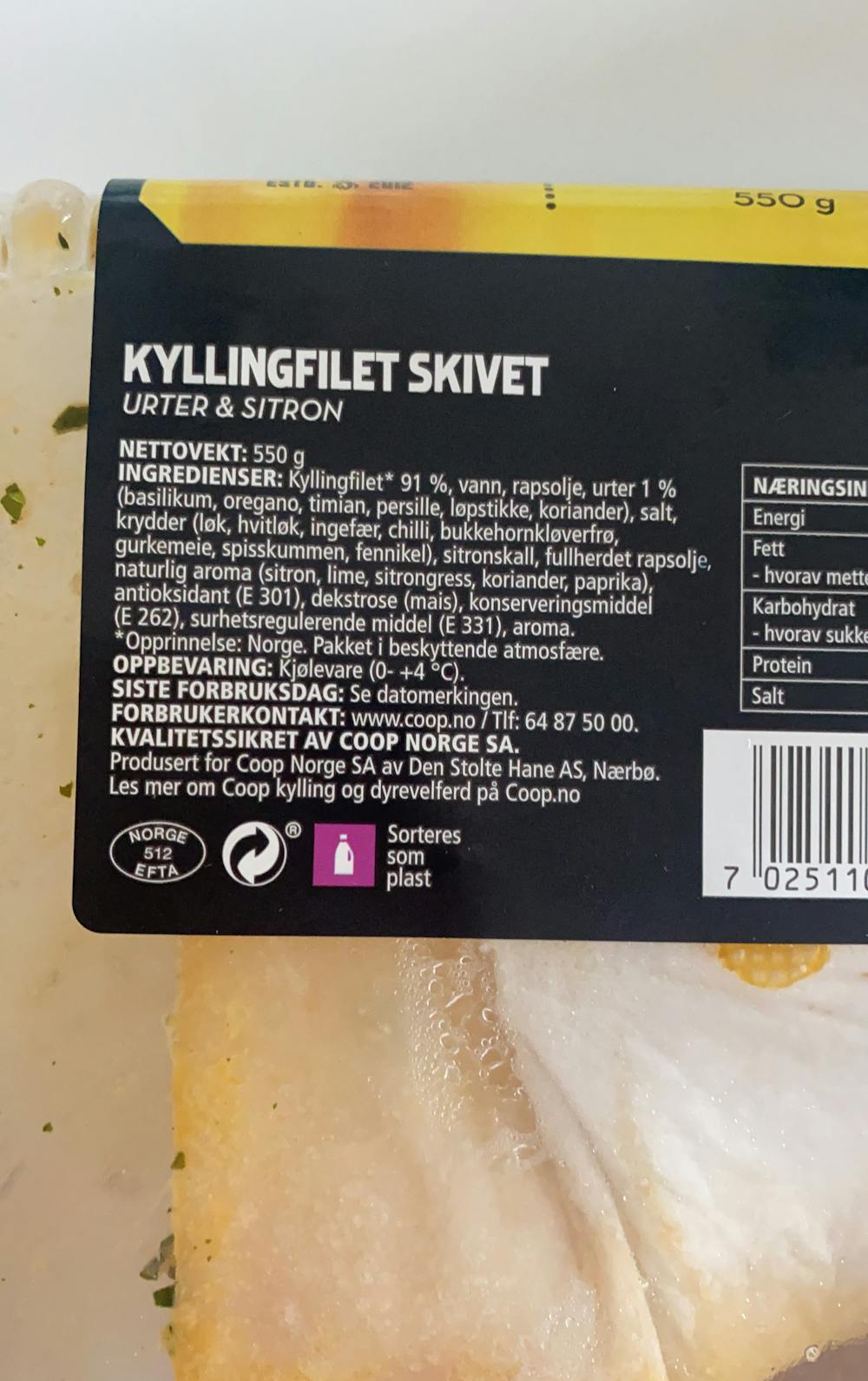 Ingredienslisten til Kyllingfilet skivet - Urter & sitron , Coop 
