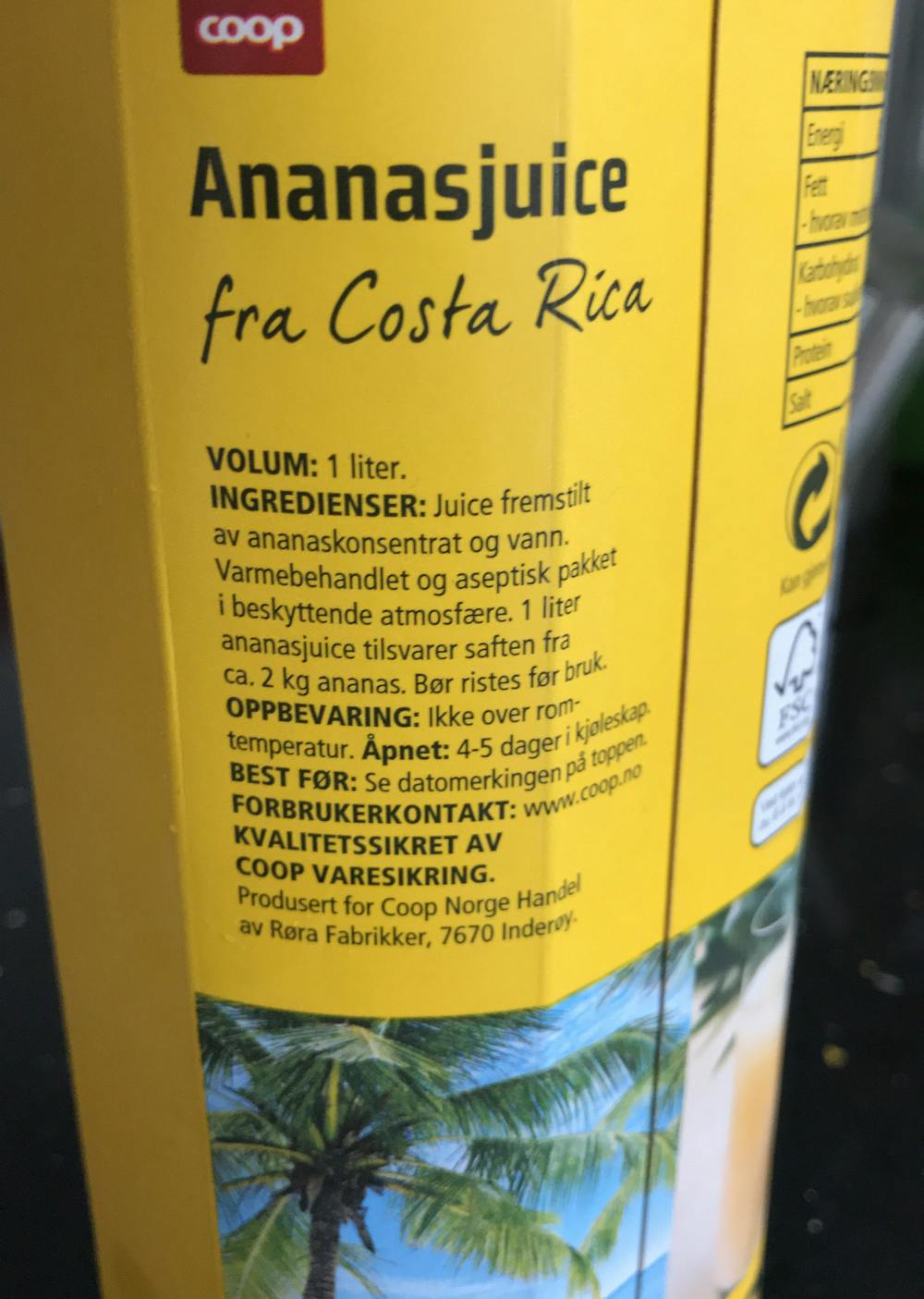 Ingredienslisten til Ananasjuice, Coop
