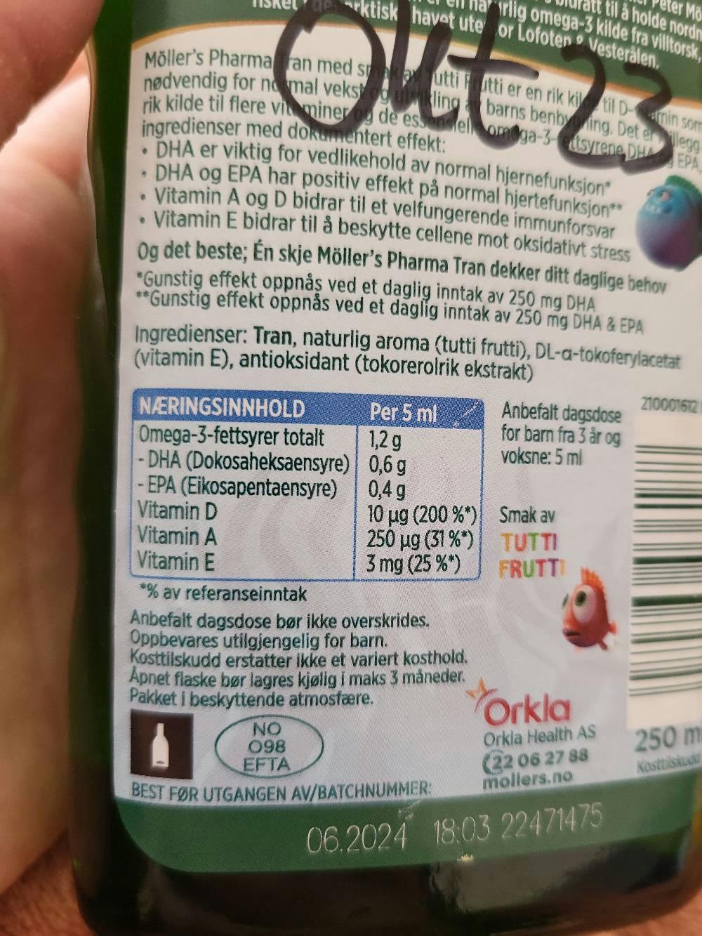 Ingrediensliste - Tran omega 3, Møllers pharma