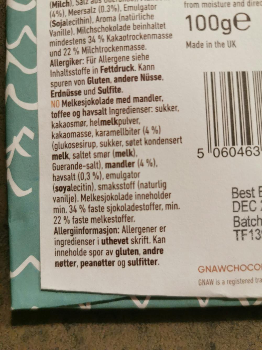 Ingredienslisten til Almond, toffee + sea salt, Gnaw