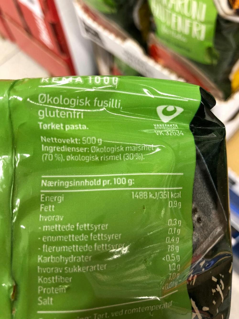 Ingredienslisten til Økologisk fusilli glutenfri, Rema 1000 üten