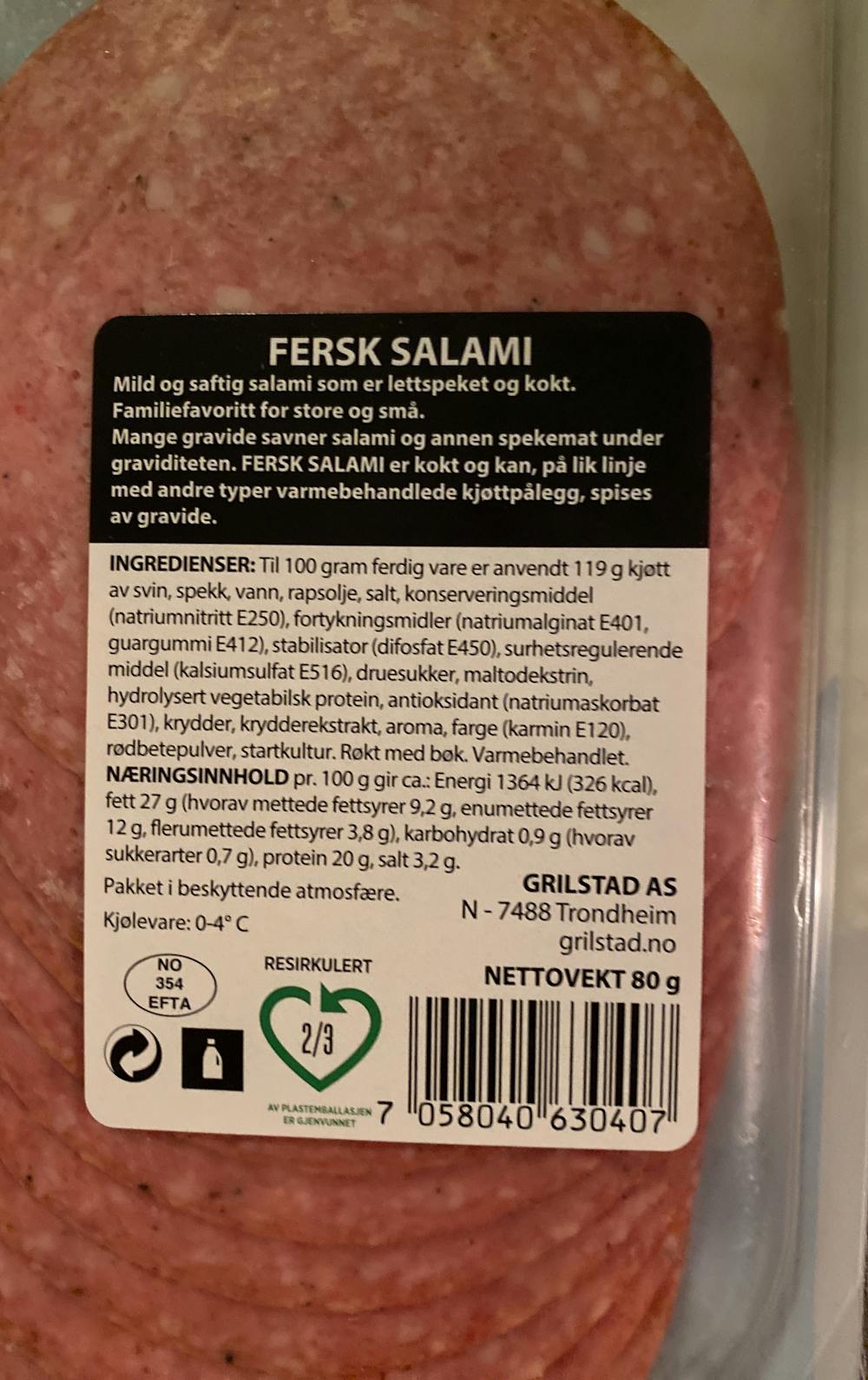 Ingredienslisten til Fersk salami , Grilstad