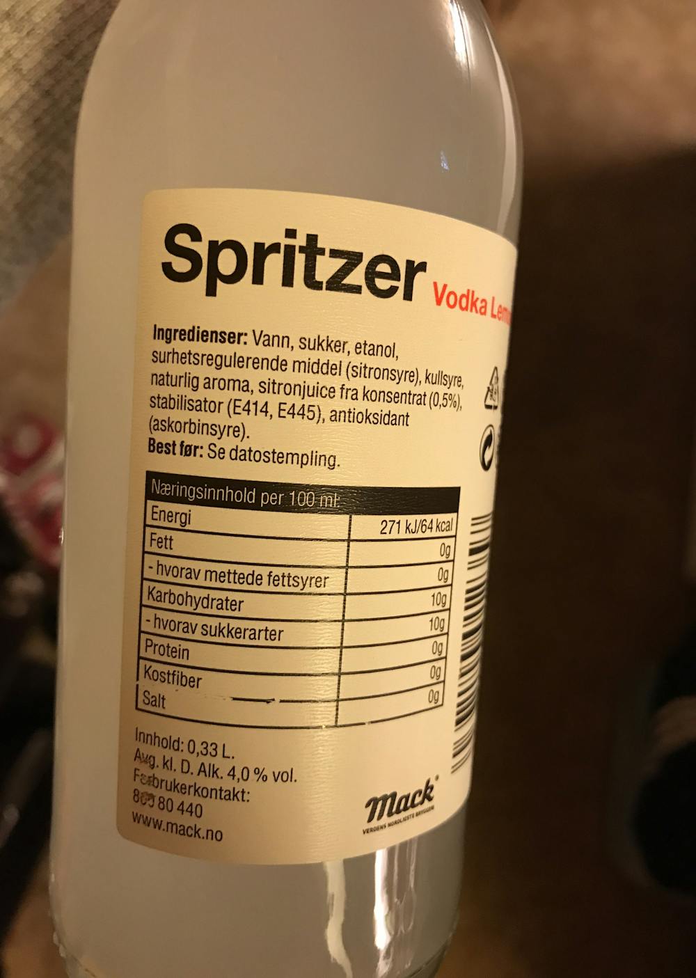 Ingredienslisten til Mack Spritzer, vodka lemon
