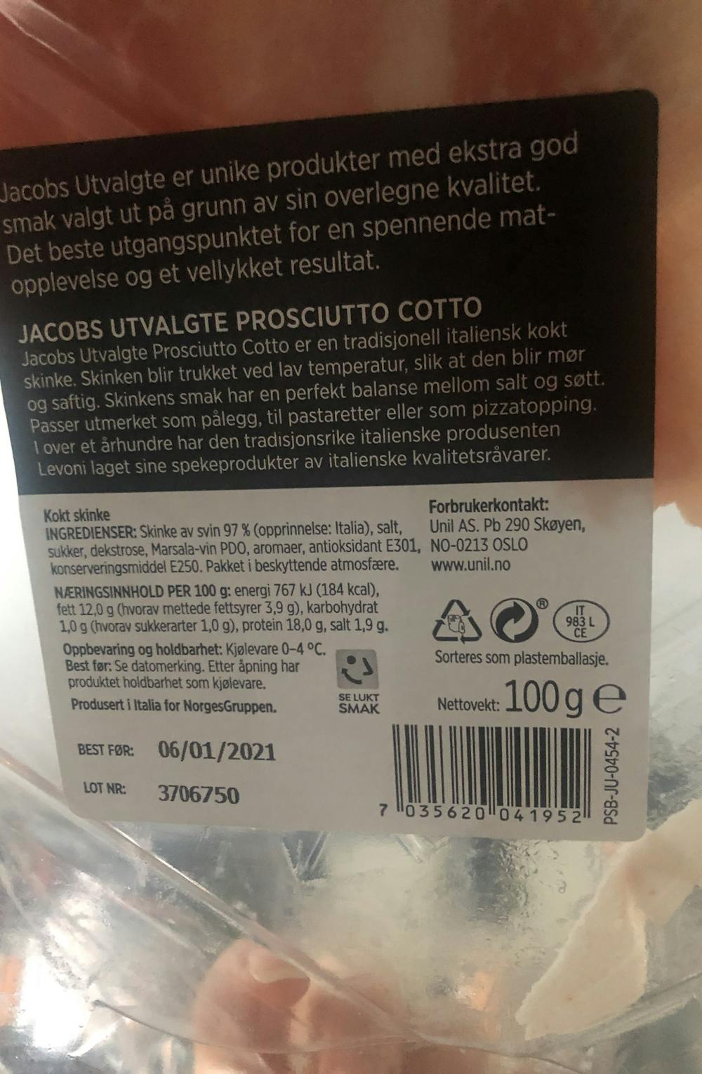 Ingredienslisten til Prosciutto cutto, Jacobs utvalgte