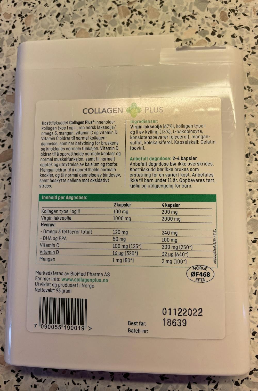Ingredienslisten til Collagen plus, Biomed pharma