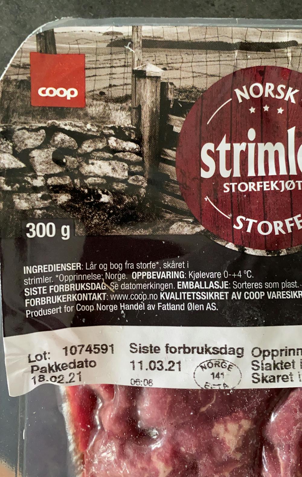 Ingredienslisten til Norsk strimlet storfe, Coop