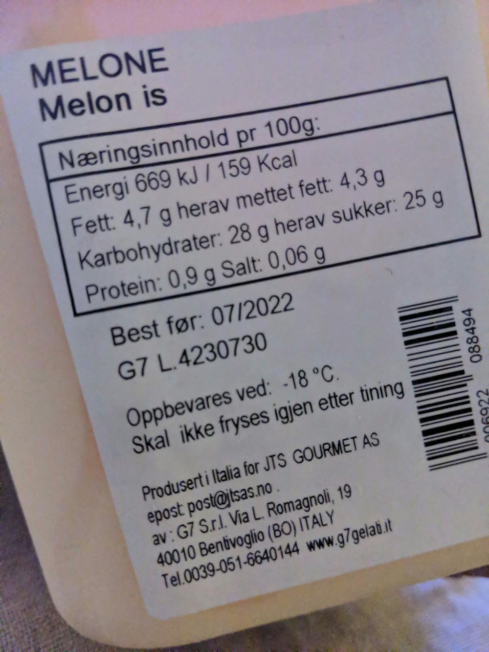 Ingredienslisten til Melone, G7