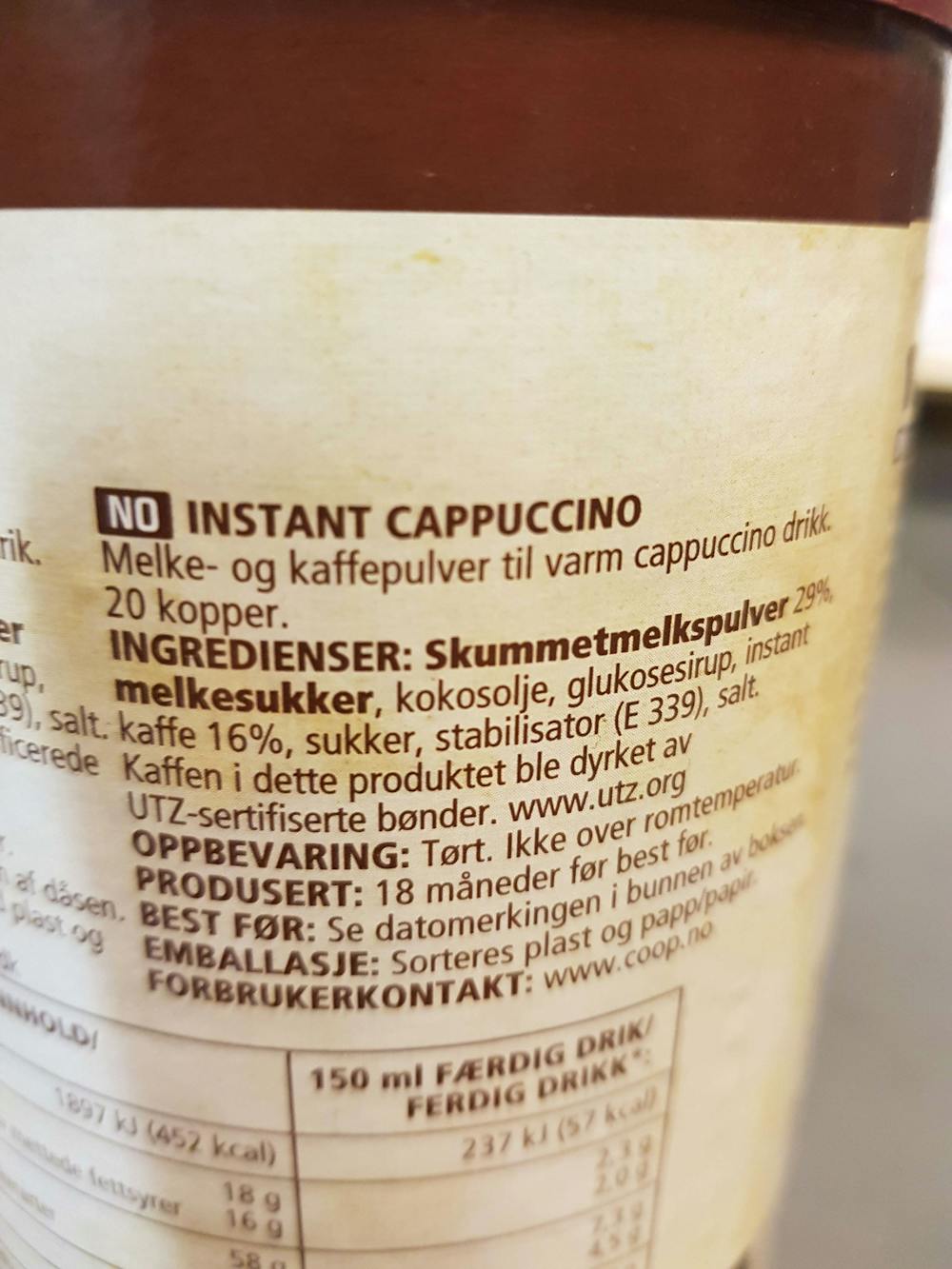 Ingredienslisten til Coop Cappuccino, instant