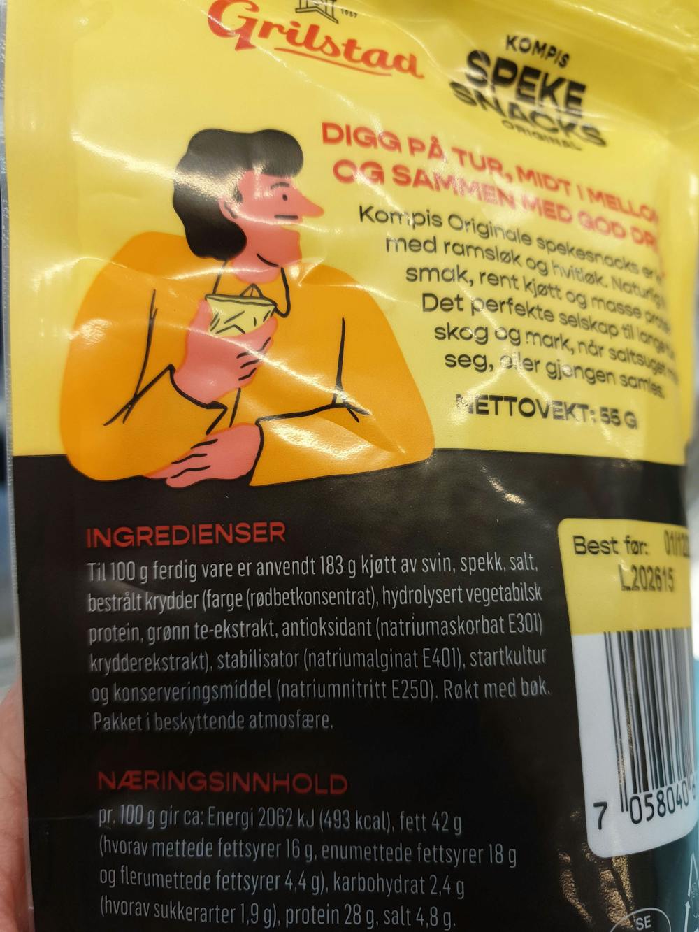Ingredienslisten til Grilstad Kompis spekesnacks orginal