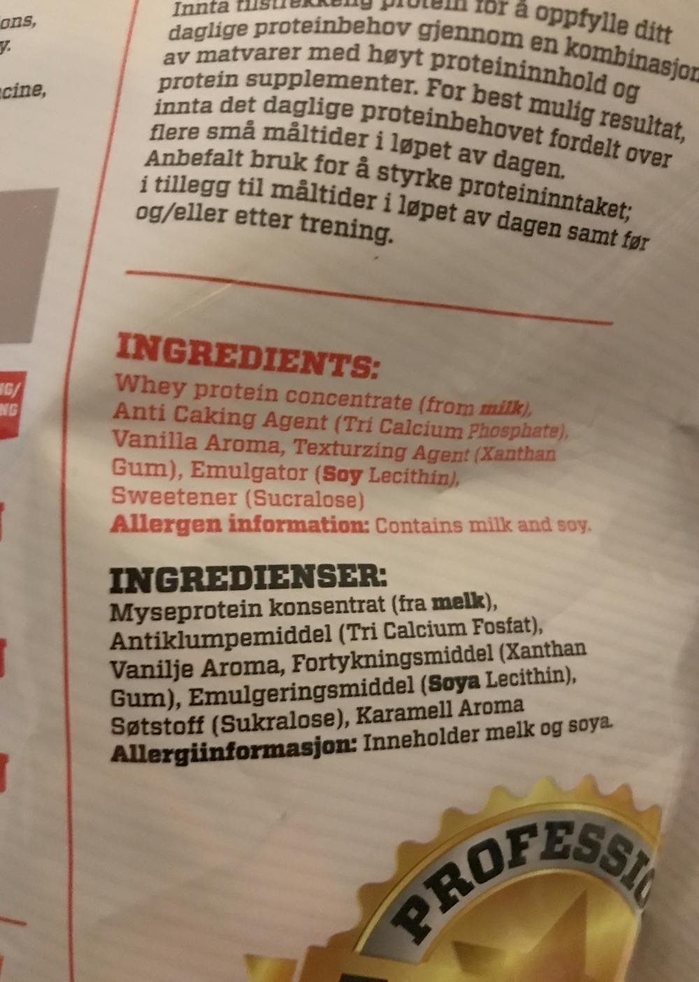 Ingredienslisten til N4 Sports 100% nature's whey vanilla