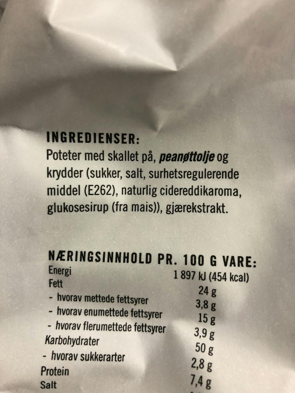 Ingredienslisten til Salt & Vinegar, Sørlandschips
