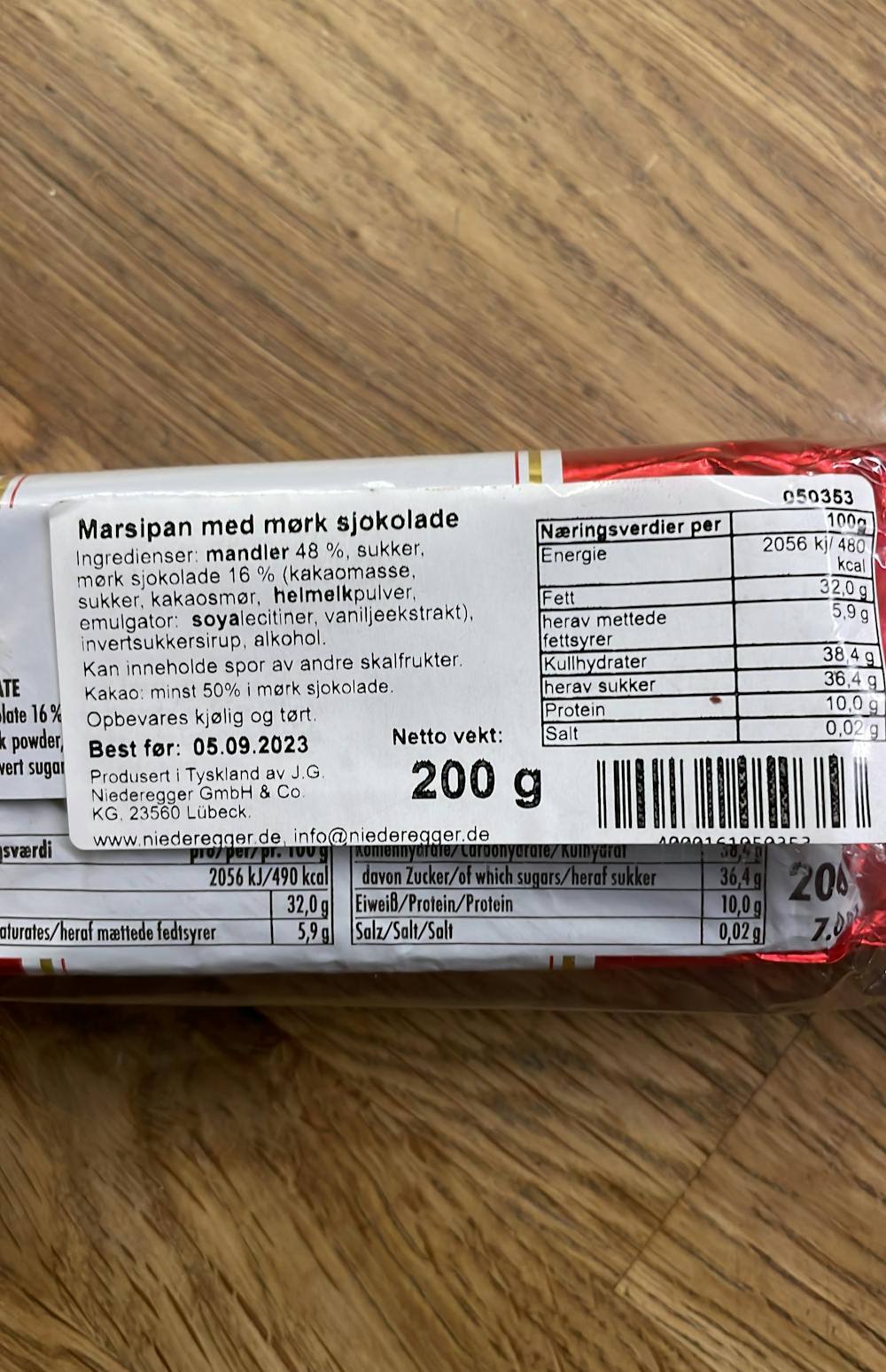 Ingrediensliste - Marsipan med sjokoladetrekk, Niederegger Lübeck