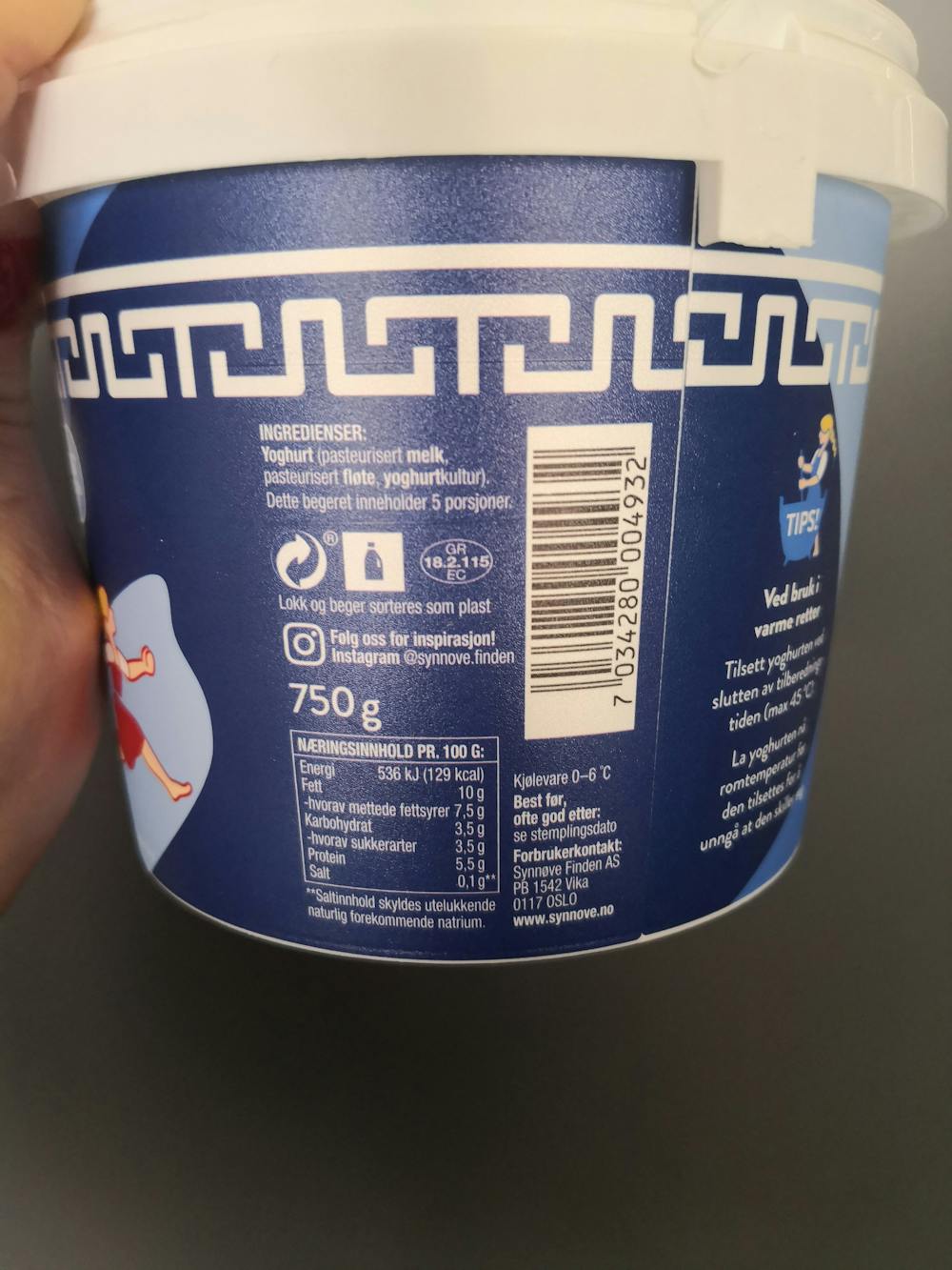 Ingredienslisten til Gresk yoghurt naturell 10% fett, Synnøve