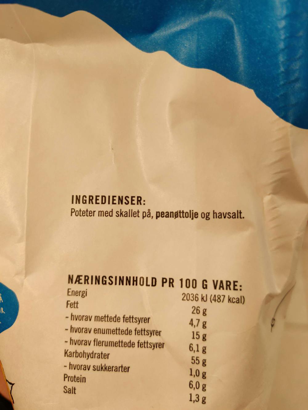 Ingredienslisten til Rifla havsalt, nypreppa, Sørlandschips
