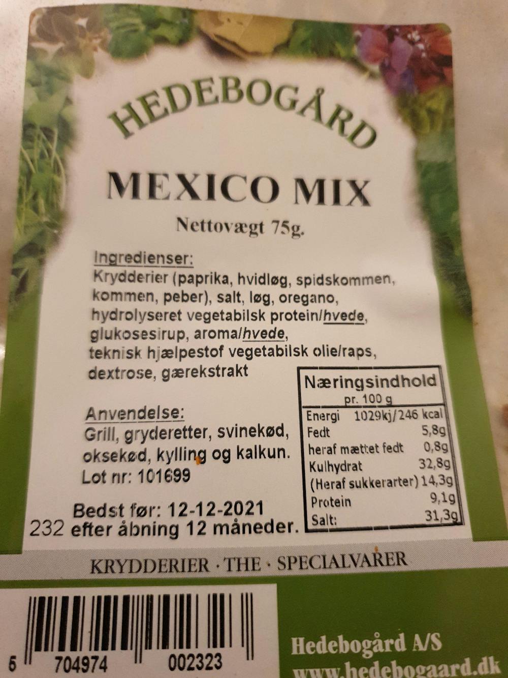 Ingredienslisten til Hedebogård Mexico mix
