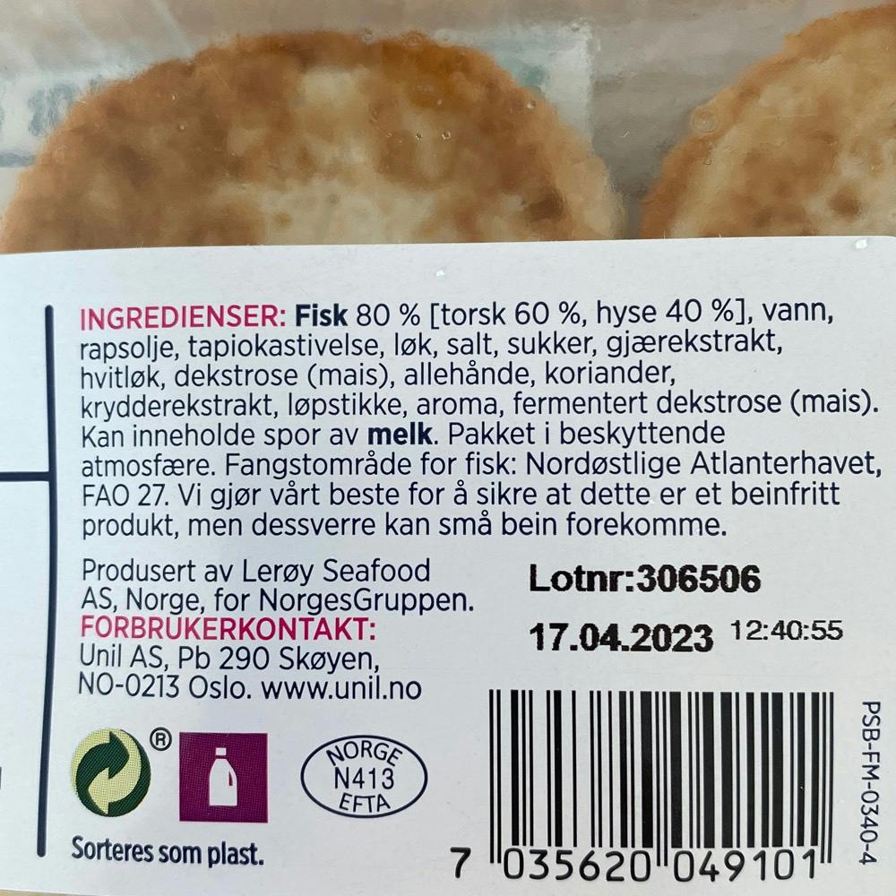 Ingrediensliste - Fiskekaker 80% fisk, Fiskemannen