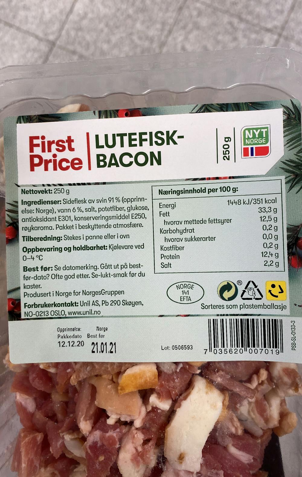 Ingredienslisten til First price Lutefiskbacon