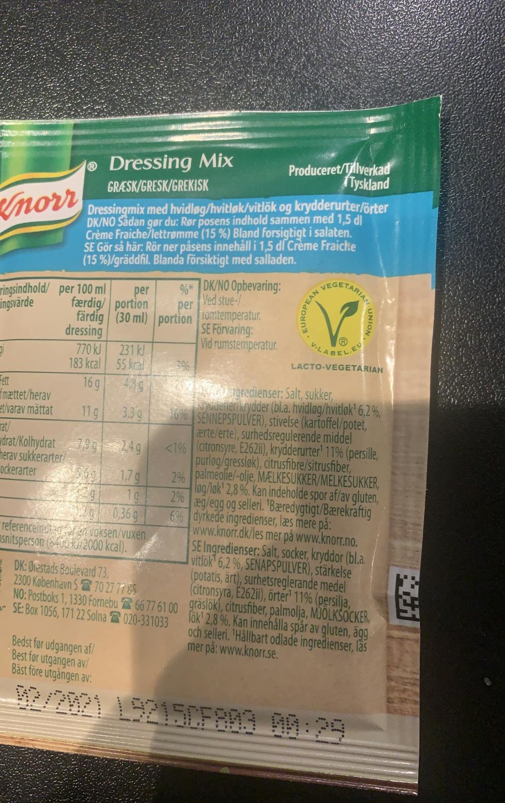 Ingredienslisten til Gresk dressing mix, Knorr