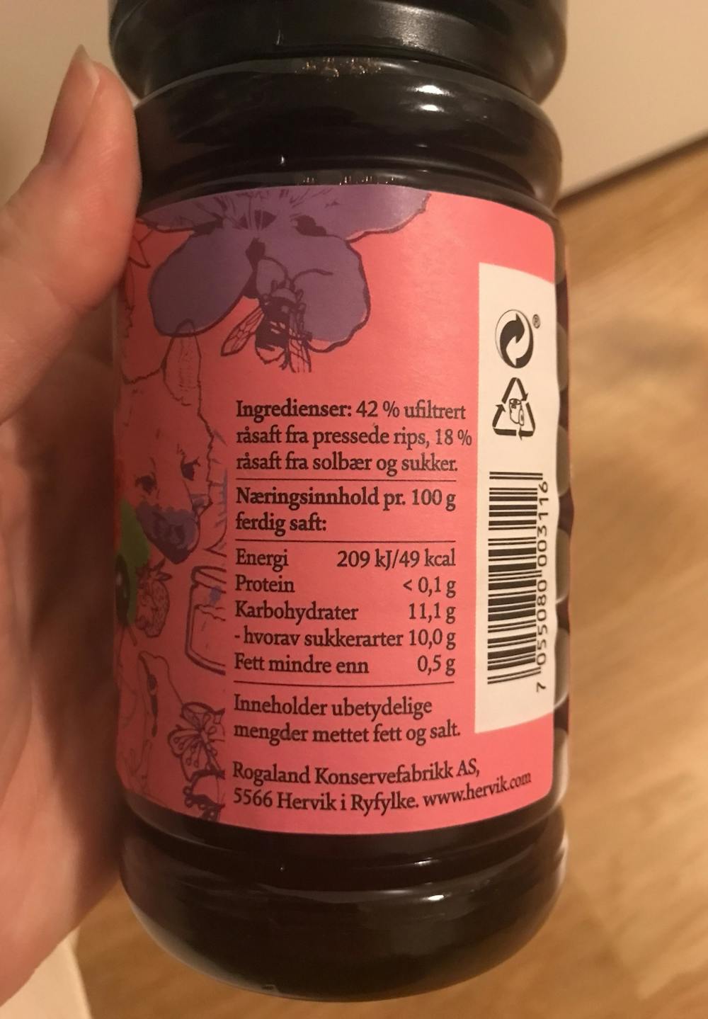 Ingredienslisten til Hervik Rips & solbærsaft