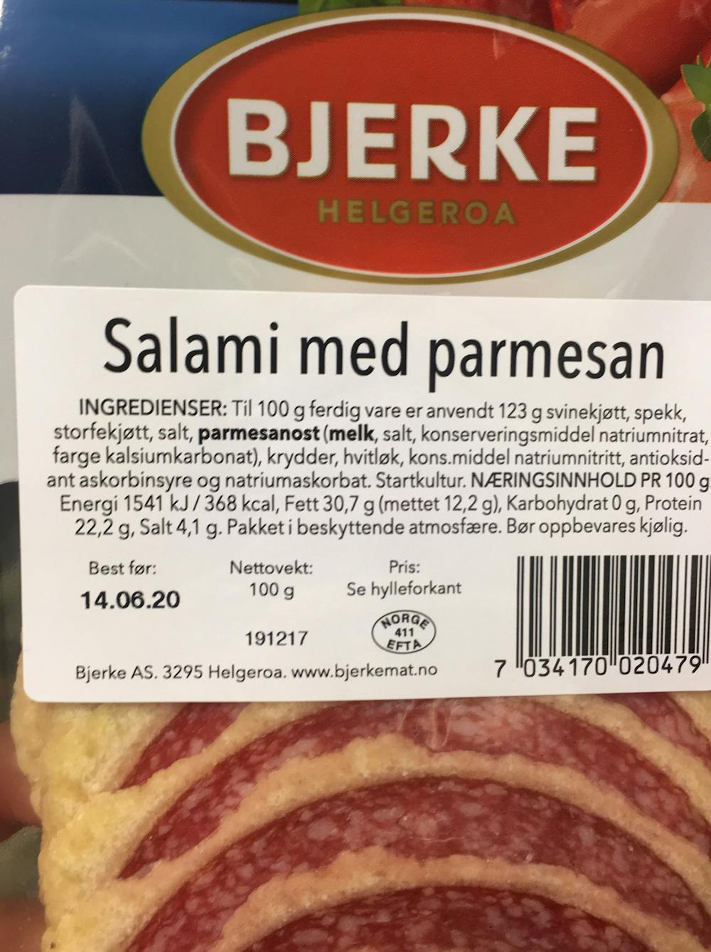 Ingredienslisten til Salami med parmesan, Bjerke