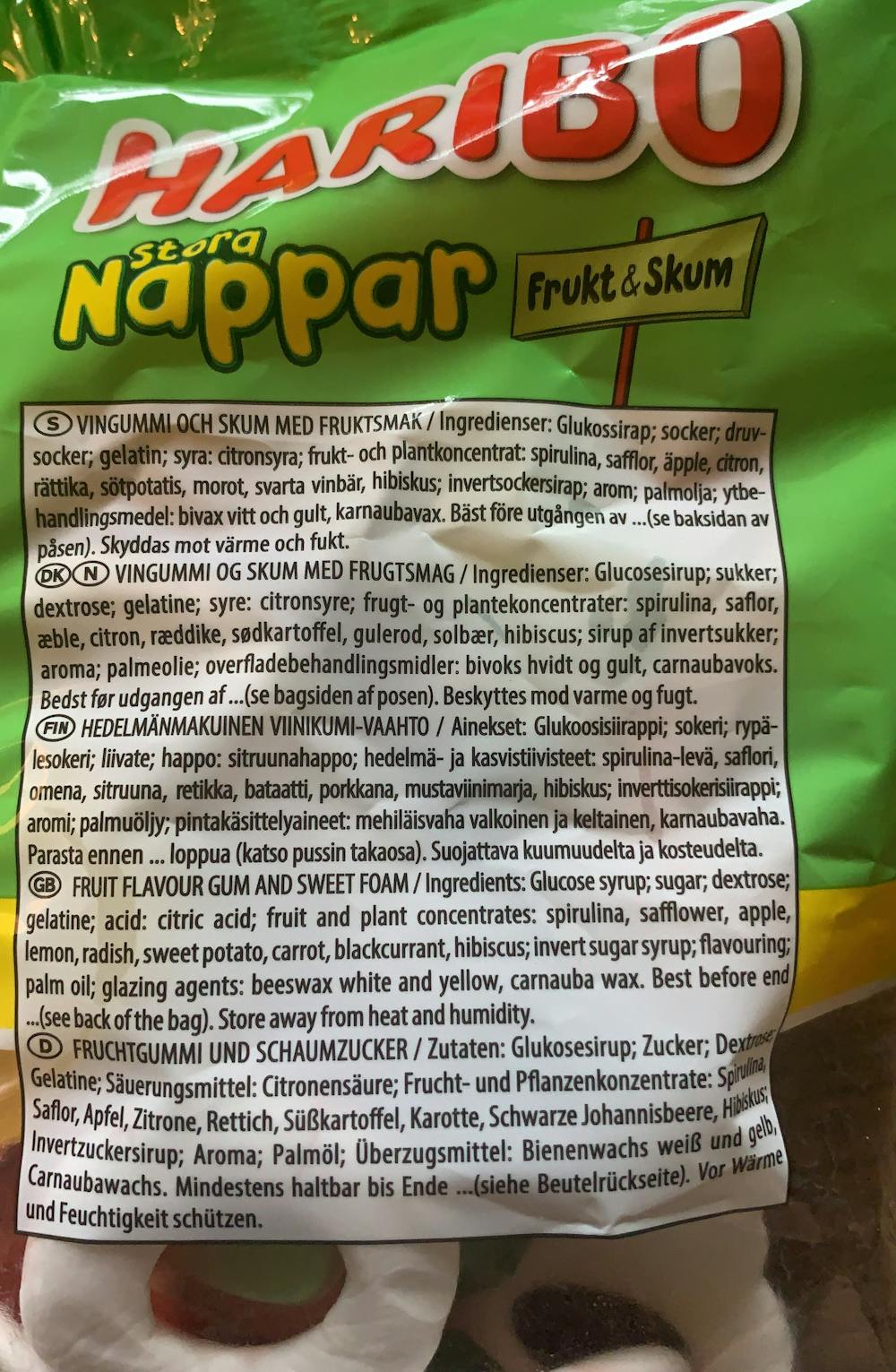 Ingredienslisten til Stora nappar, frukt & skum, Haribo