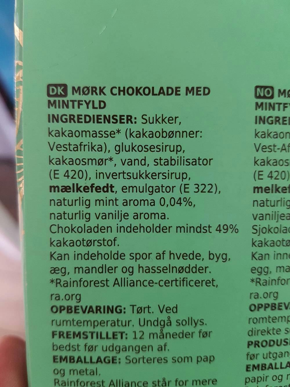 Ingrediensliste - Mørk chokolade med mintfyld, Coop