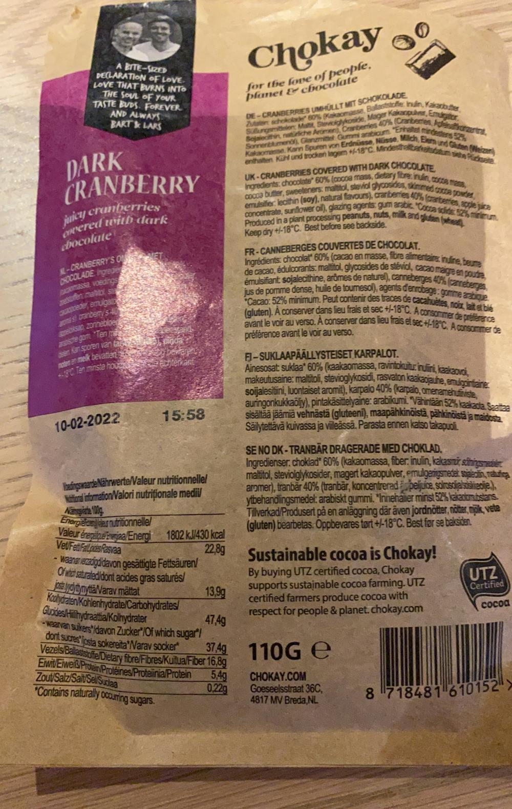 Ingredienslisten til Dark cranberry, Chokay