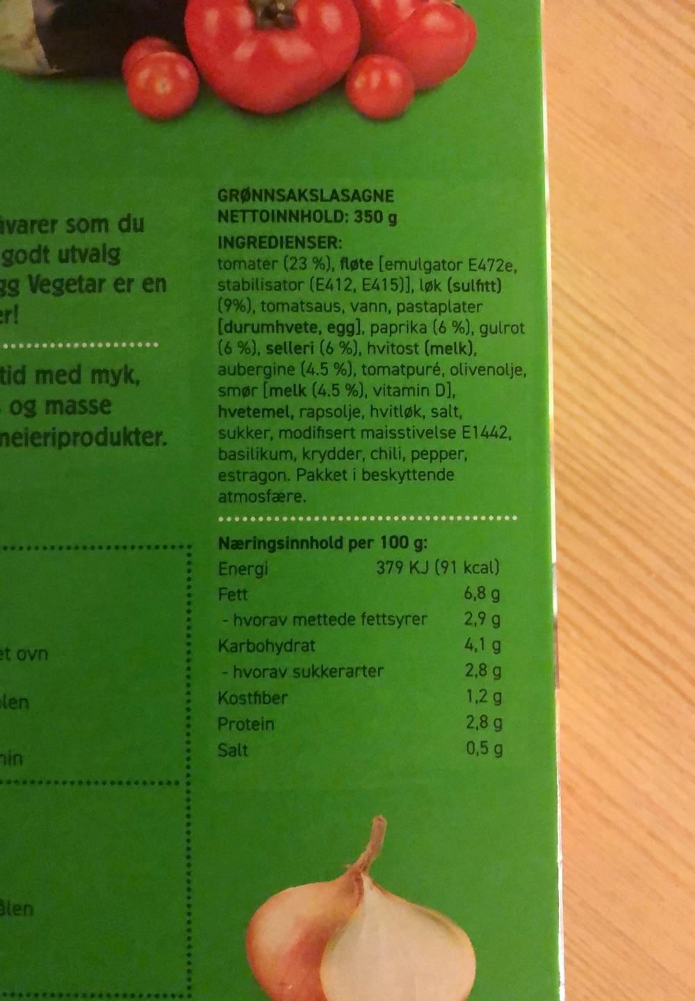 Ingredienslisten til Fersk & ferdig Digg vegetar grønnsakslasagne