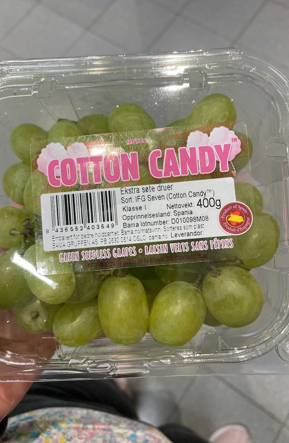 Ingredienslisten til Moyca Cotton Candy, ekstra søte druer