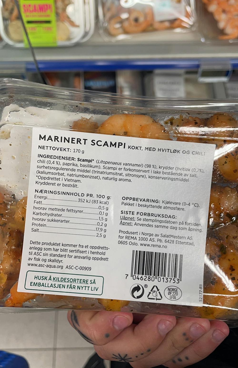Ingredienslisten til Marinert scampi med hvitløk og chili, Fiskeriet