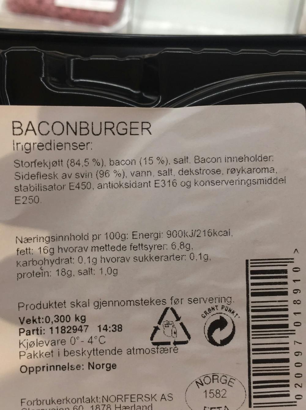 Ingredienslisten til Meny Baconburger