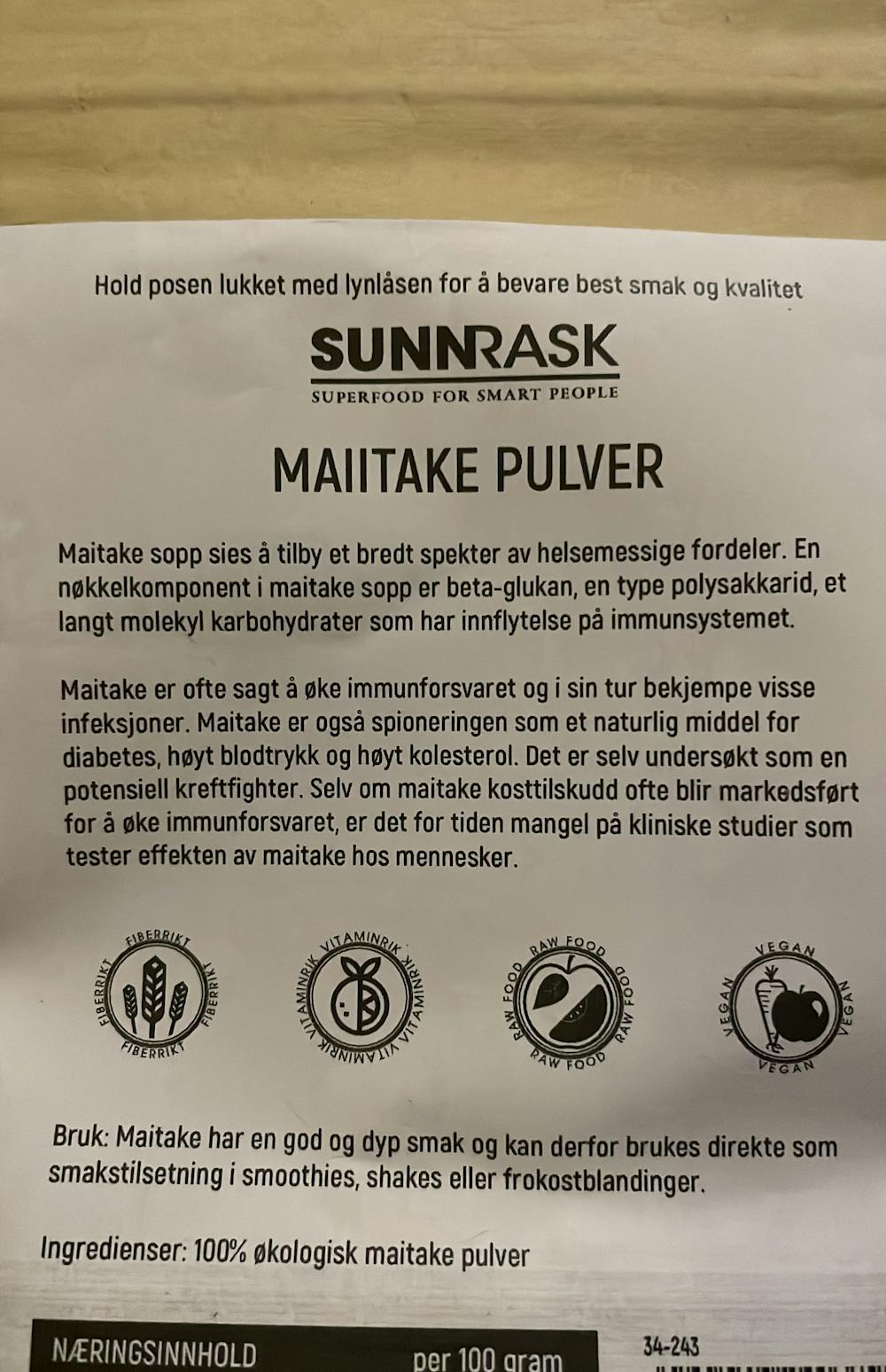 Ingrediensliste - Maitake pulver, SunnRask
