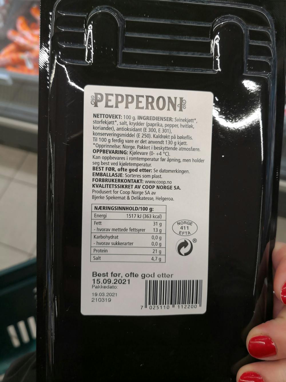 Ingredienslisten til Pepperoni, Coop