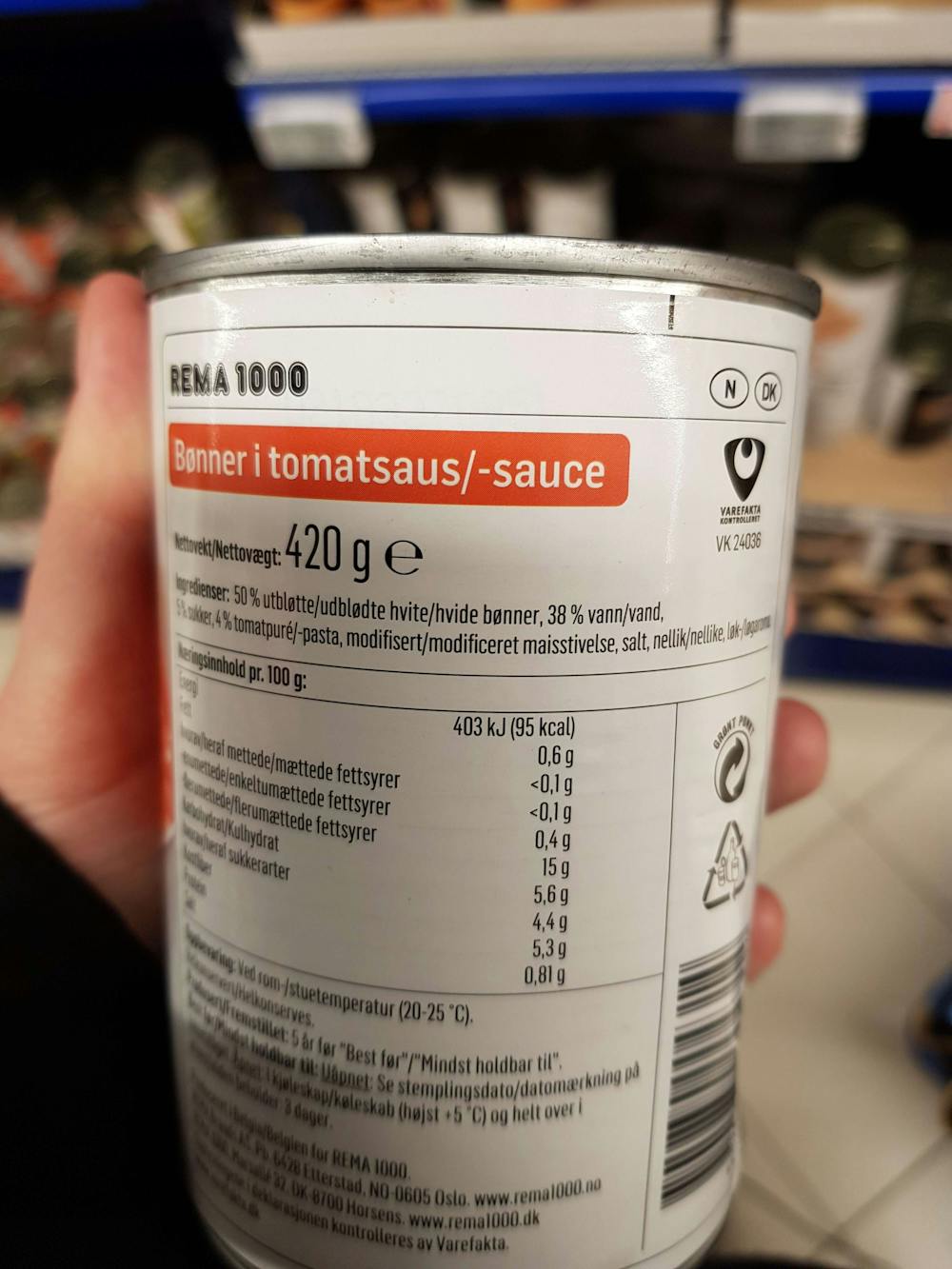 Ingrediensliste - Bønner i tomatsaus, Rema 1000