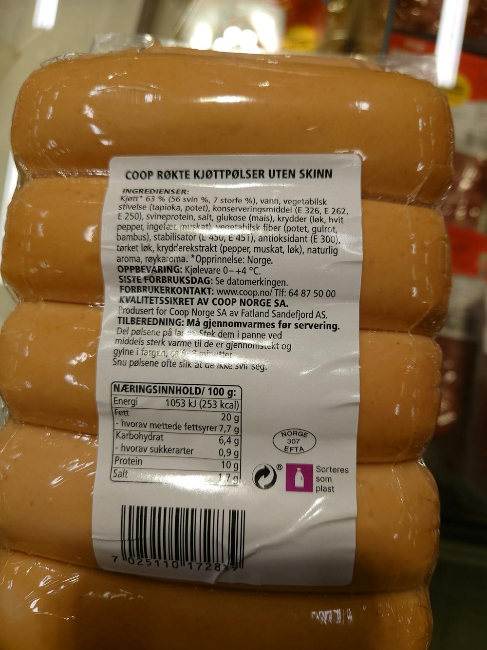 Ingrediensliste - Røkte kjøttpølser uten skinn, Coop