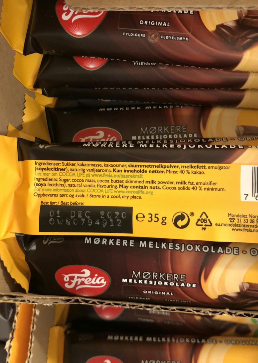 Ingredienslisten til Mørkere melkesjokolade original 35g, Freia