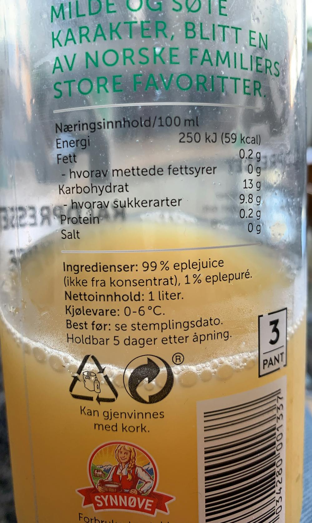 Ingredienslisten til RÅ / Synnøve Finden RÅ kaldpresset eplejuice