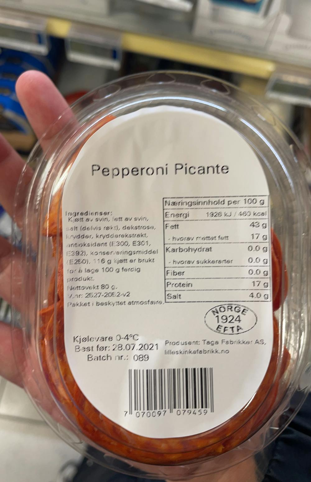 Ingredienslisten til Pepperoni picante, pizzatopping, Lille skinkefabrikk