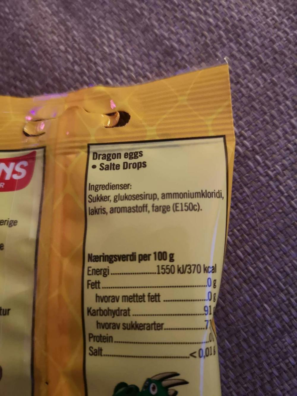 Ingredienslisten til  Dragon eggs salt