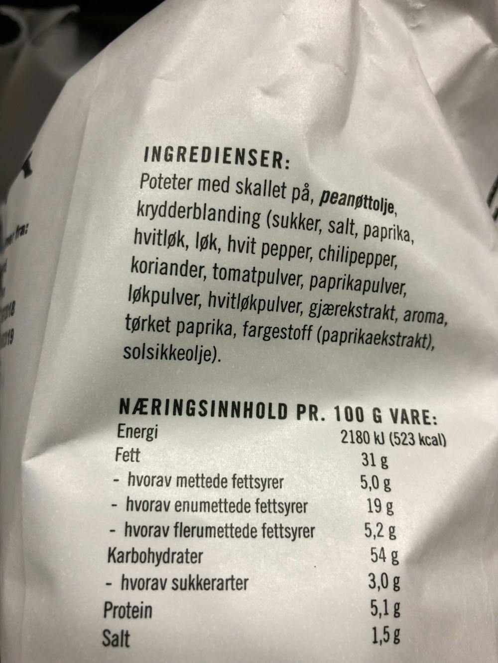 Ingredienslisten til Sørlandschips Søt paprika & litt chili