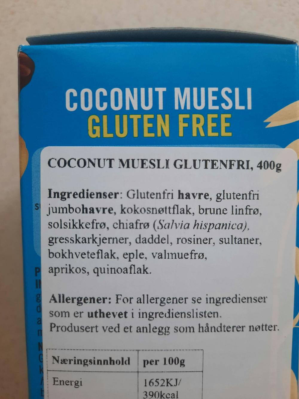 Ingrediensliste - Coconut muesli, Rode health
