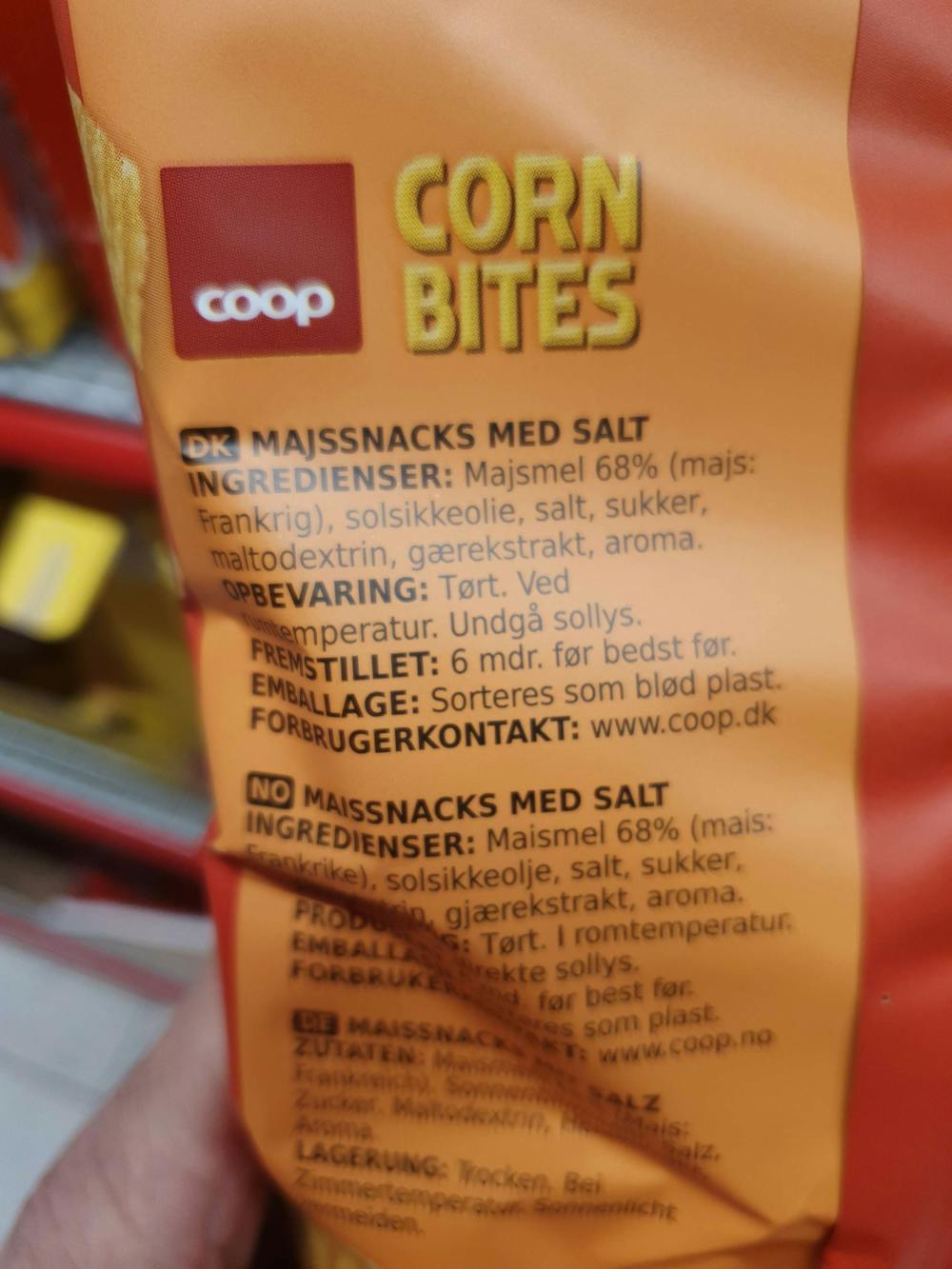 Ingredienslisten til Corn bites, med salt, Coop
