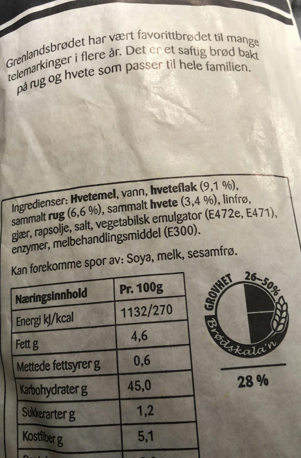 Ingredienslisten til Grenlands brødet , Bakehuset 