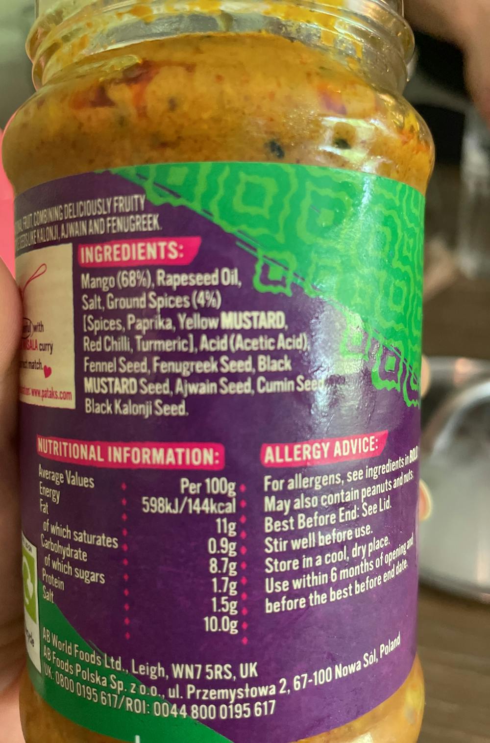 Ingrediensliste - Mango pickle, Patak’s