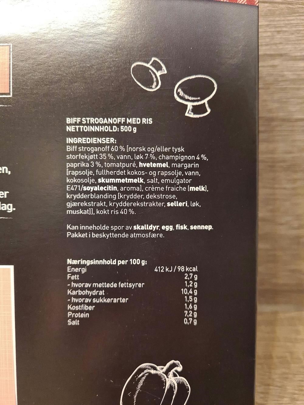 Ingredienslisten til Mors tradisjonelle, biff stroganoff, Fersk & ferdig