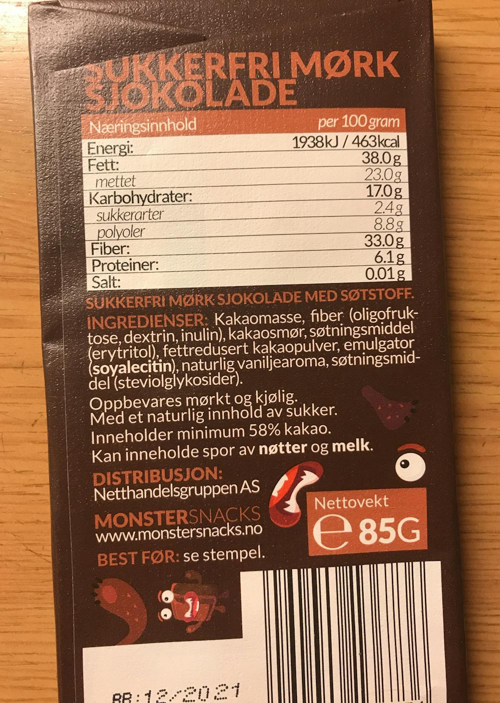 Ingredienslisten til Monster Sukkerfri sjokolade
